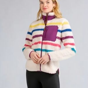 Colorful Striped Teddy Jacket Women’s Sz L Cozy Fall Spring Streetwear Outerwear